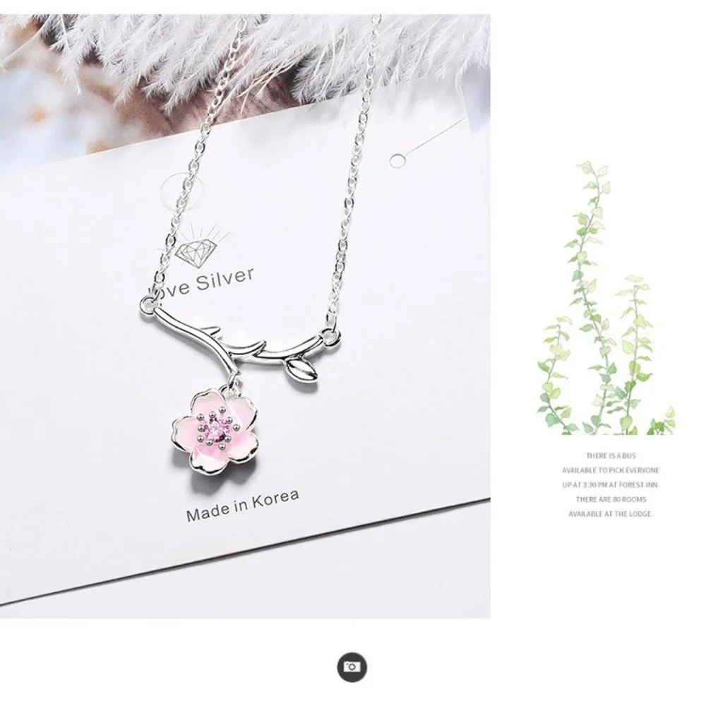 #NEW 925 Sterling Silver Pink White Diamond Cherry Blossom Leaf Branch Necklace